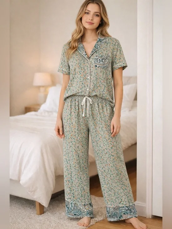 Anthropologie Maaji Green Paisley Print Pajama Set - Picture 1 of 7